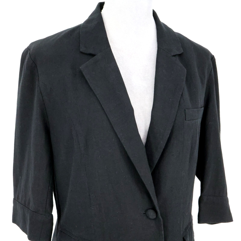 Mina Self Jacket Womens Large Black Linen Blend Lined Blazer 3/4 Sleeve Career - Picture 6 of 16
